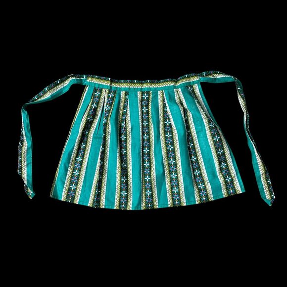 Vintage Apron Floral Striped Pocket Ties Mid Century Handmade Teal Green Retro - Picture 3 of 6